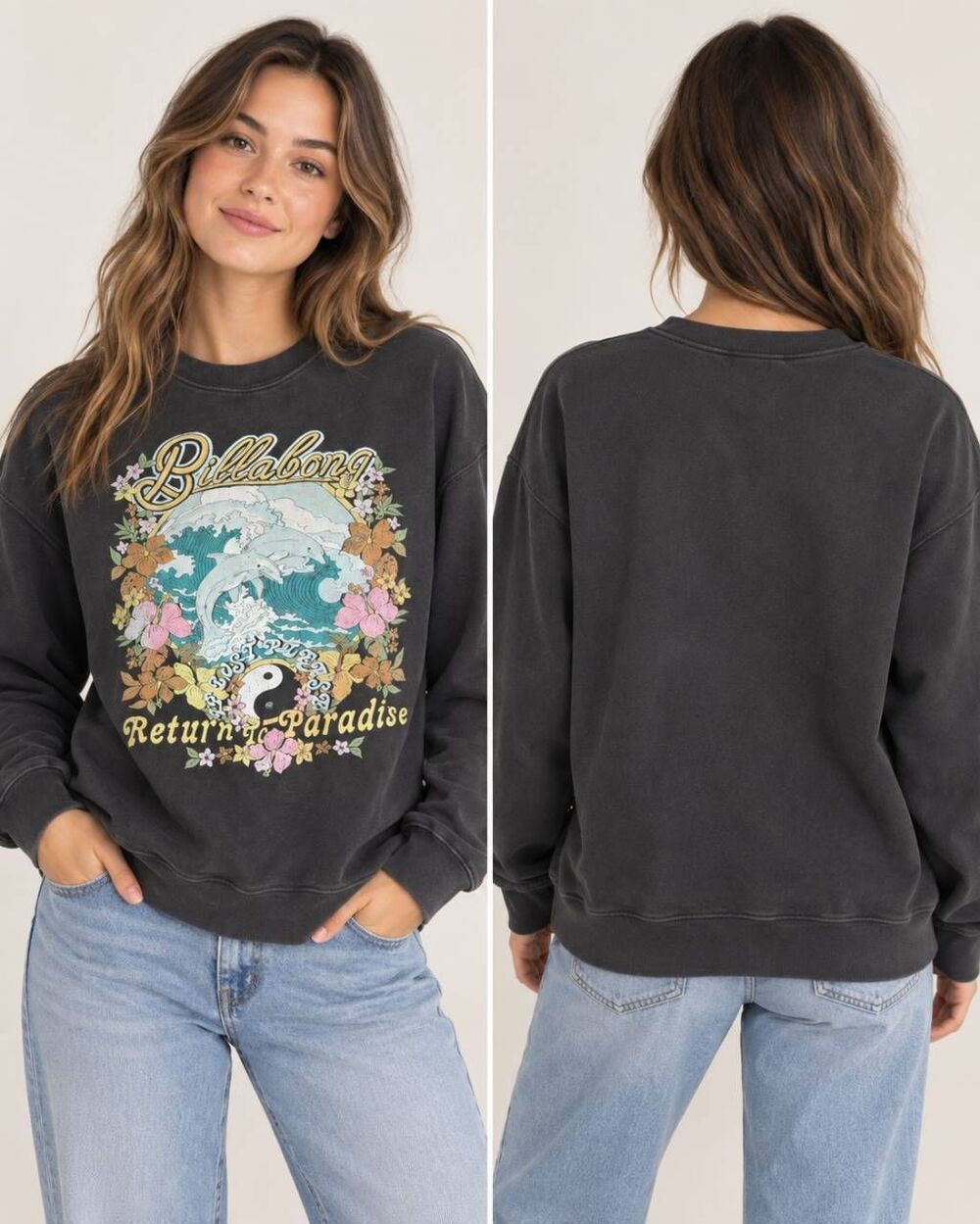Billabong Return to Paradise Sweatshirt Women’s S Black Floral Yin Yang Surf